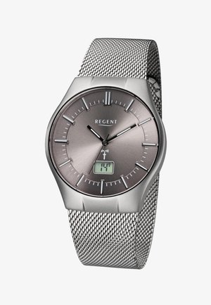 Silver analog wristwatch with mesh band, gray dial, white hour markers, black and white hands, digital date display, and "REGENT" branding.