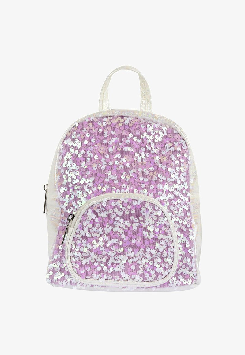 Sac à dos en sequins violets avec une finition brillante, doté d'une poche avant et de deux poignées supérieures. Tissu lisse et embellissements scintillants.