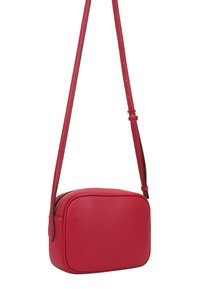 Rode leren schoudertas met een rechthoekige vorm, ritssluiting en verstelbare schouderriem. Glad textuur met subtiele stikdetails.