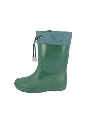 Botte de pluie en caoutchouc verte avec un revers en tissu bleu texturé et un cordon ajustable en haut pour un maintien sûr.