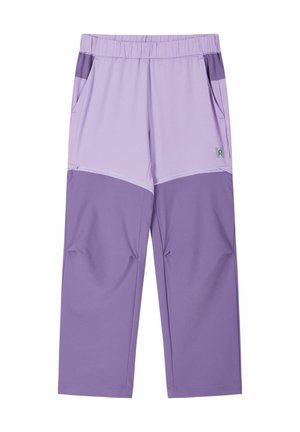 Dwukolorowe fioletowe elastyczne spodnie z elastycznym paskiem w talii, przednimi kieszeniami oraz wzmocnionymi panelami na dolnych partiach nóg.