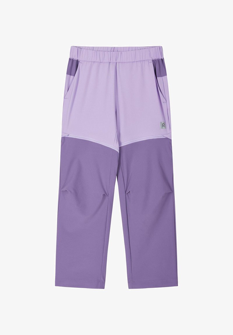 Dwukolorowe fioletowe elastyczne spodnie z elastycznym paskiem w talii, przednimi kieszeniami oraz wzmocnionymi panelami na dolnych partiach nóg.