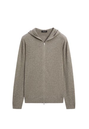 Hooded sweater in light gray, made of soft material. Features a full front zipper and ribbed cuffs and hem. Simple, minimalist design.