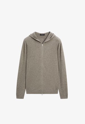 Hooded sweater in light gray, made of soft material. Features a full front zipper and ribbed cuffs and hem. Simple, minimalist design.