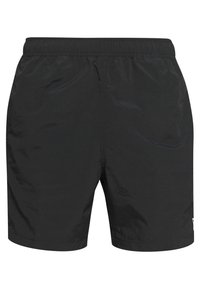 Mustat shortsit kevyestä materiaalista, joissa on joustava vyötärö, sileä pinta ja pieni logo-aksentti helman lähellä.