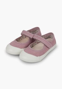 Pink fabric Mary Jane shoes with a white rubber sole, round toe, and a Velcro strap across the upper. Floral-patterned interior lining.