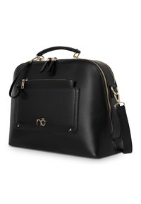 Sac à main en cuir noir avec ferrures dorées, double poignées et bandoulière amovible. Comprend une poche frontale et une texture lisse.