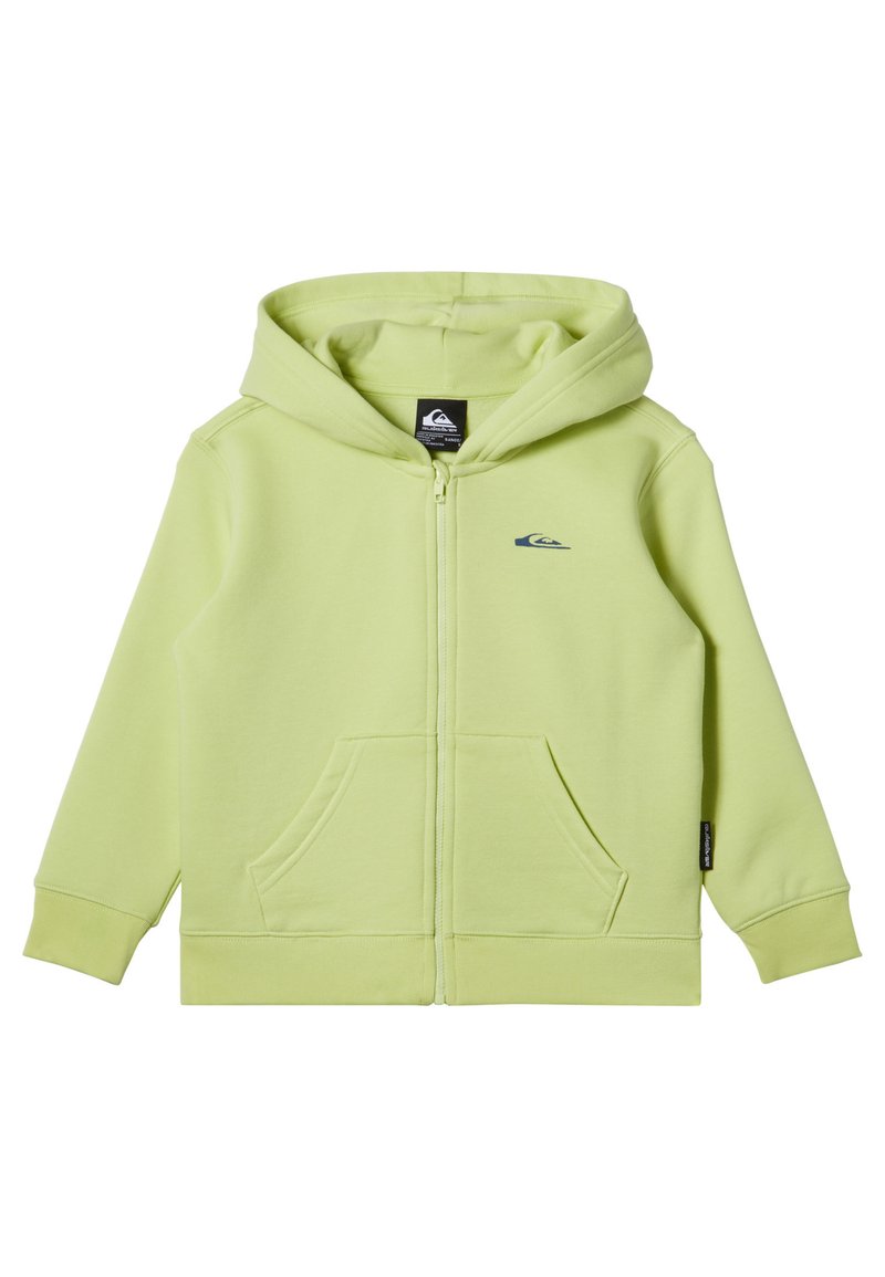Lichtgroene ritssluiting hoodie van zacht materiaal met een buidelzak, geribde manchetten en een klein blauw logo op de borst.