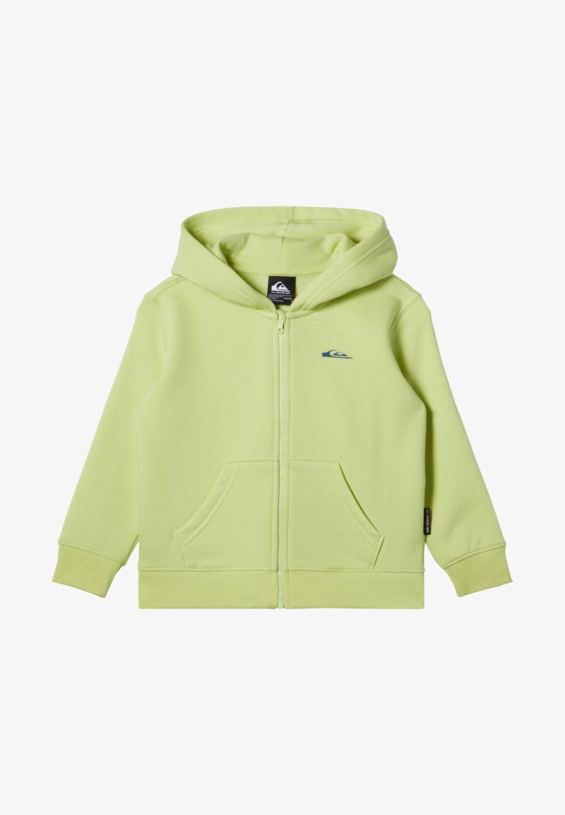 Felpa zip-up verde chiaro in morbido tessuto, con tasca a marsupio, polsini a costine e un piccolo logo blu sul petto.