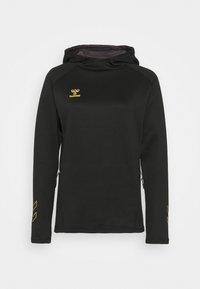 Zwarte hoodie met lange mouwen, met geel hummel-logo op de borst, gele chevron-details op de mouwen en zijzakken met rits.