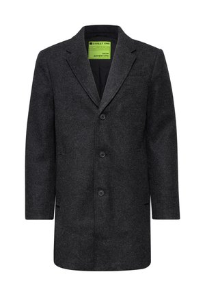 Mørkegrå uldfrakke med klapkrave, enkeltknappet frontlukning, to lommer og en glat overflade. Indvendig label synlig.