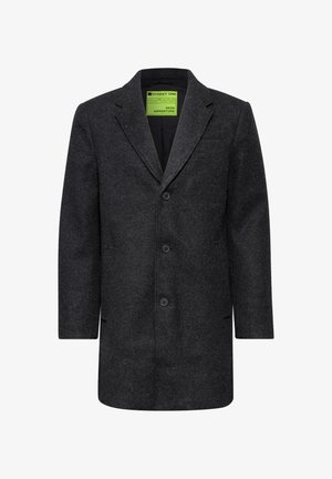 Mørkegrå uldfrakke med klapkrave, enkeltknappet frontlukning, to lommer og en glat overflade. Indvendig label synlig.