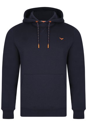 Marineblå hætte sweatshirt lavet af bomuld, med en frontlomme, orange snore og logo broderi på venstre bryst.