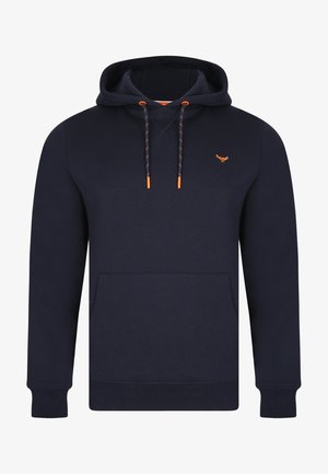 Marineblauwe hoodie van katoen, met een voorzak, oranje koorden en geborduurd logo op de linkerborst.