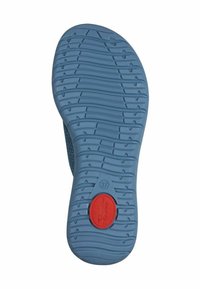 Semelle en caoutchouc bleu avec une surface texturée pour une meilleure adhérence, dotée d'un accent circulaire rouge et d'une étiquette de taille "37" intégrée dans la zone du talon.