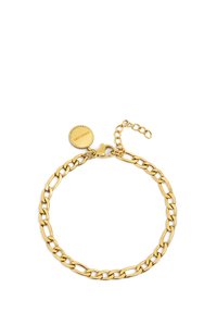 Goldene Kettenarmband mit ineinandergreifenden Gliedern, ausgestattet mit einem runden Charm mit geriffelten Kanten und einem Karabinerverschluss für eine verstellbare Passform.