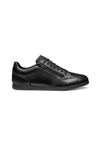 Sneaker in pelle nera con profilo basso, punta rotonda, suola in gomma piatta, allacciatura frontale e zip laterale per un facile accesso.