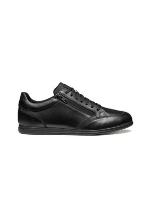 Czarny skórzany sneaker z niskim profilem, okrągłym noskiem, płaską gumową podeszwą, sznurowaniem z przodu oraz bocznym zamkiem błyskawicznym ułatwiającym zakładanie.