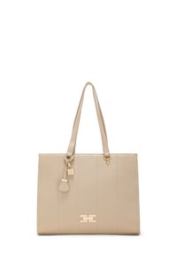Borsa tote in pelle beige con due spallacci, cuciture verticali, dettaglio con lucchetto dorato e logo in evidenza sul davanti.