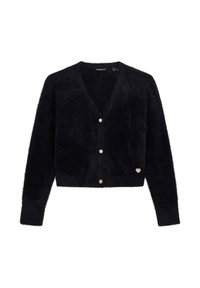 Must must cardigan pikad varrukad, V-kaelusega, pärlitaoliste nööpidega ja väikese kuldse südamega detailiga all paremal ees.