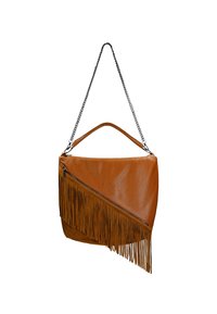 Braune Lederhandtasche mit diagonalen Fransenapplikationen, einem einzigen oberen Griff und einem Ketten-Schulterriemen. Mit einem Reißverschluss für zusätzliche Sicherheit.