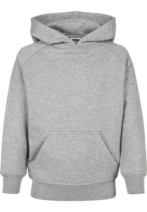 Sweat à capuche gris clair avec poche kangourou à l'avant, manches longues, poignets côtelés et capuche.