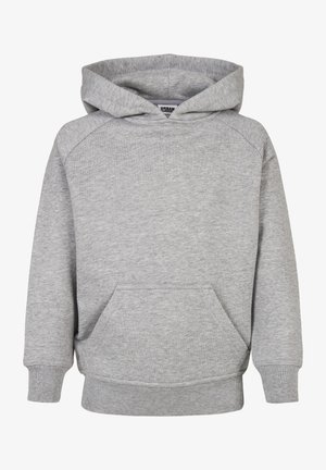 Sweat à capuche gris clair avec poche kangourou à l'avant, manches longues, poignets côtelés et capuche.