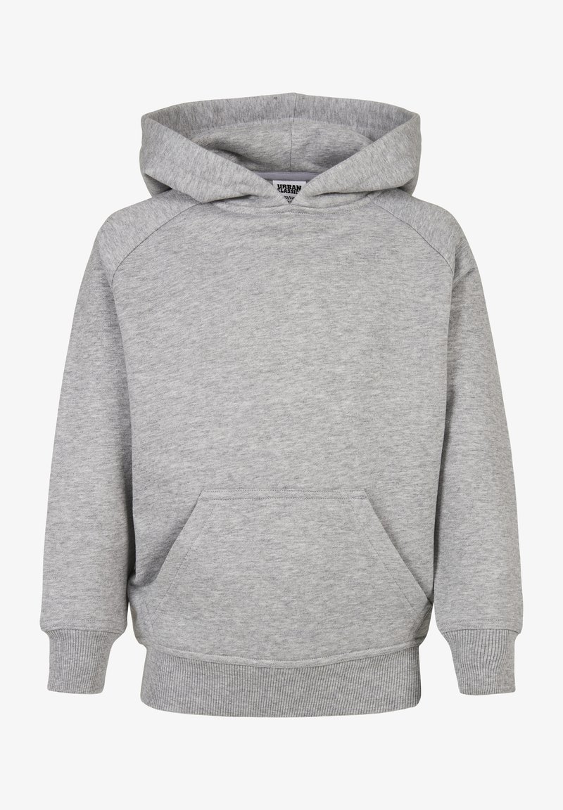 Sweat à capuche gris clair avec poche kangourou à l'avant, manches longues, poignets côtelés et capuche.