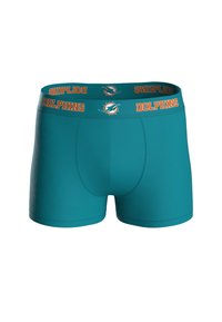 Bóxer de color verde azulado con un diseño ajustado. La cinturilla presenta el texto "DOLPHINS" en naranja y un logotipo, con textura para un mejor agarre. Tela suave y elástica.