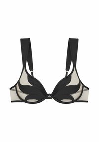 Černá a béžová síťovaná podprsenka s hlubokým výstřihem, která má vzorované košíčky, široké ramínka a černé lemování. Minimalistický styl s hladkým povrchem.