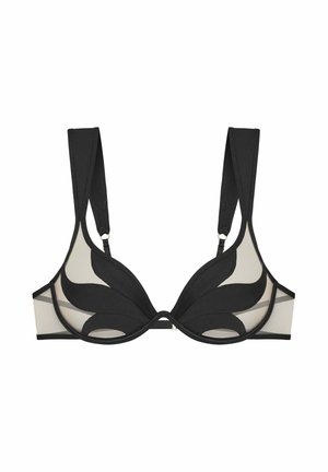Schwarzer und beiger Mesh-BH mit einem tiefen Ausschnitt, mit gemusterten Cups, breiten Trägern und schwarzer Einfassung. Minimalistischer Stil mit glatter Textur.
