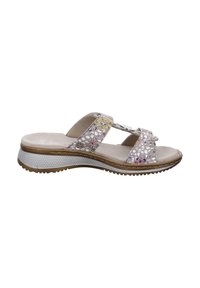 Light-colored wedge sandals featuring decorative cutouts, metallic accents, a textured gray sole, and a cushioned insole for comfort.