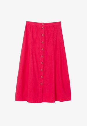 Világospiros, A-vonalú midi szoknya elülső, függőleges barna gombsorral, fehér háttér előtt.