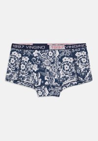 Blomsterdekkede boksershorts i marineblått med hvite mønstre. Elastisk midjebånd med "1997 VINGINO"-merking. Blandingsmateriale av bomull.