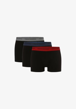 Drei Paar schwarze Boxershorts mit elastischen Bündchen in Grau, Blau und Rot, mit dem Markennamen "FINSHLEY & HARDING".