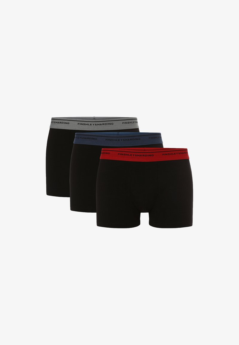 Drie paar zwarte boxershorts met elastische taillebanden in het grijs, blauw en rood, met de merknaam "FINSHLEY & HARDING."