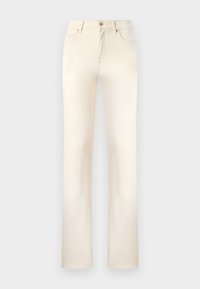 Krämfärgade denimjeans med rak bendesign, fem fickor, bältesloopar och knappstängning. Slät textur och minimal detaljering.