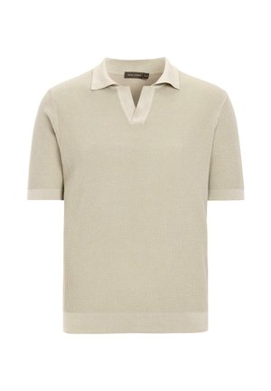 Short-sleeve beige knit polo shirt with textured fabric and open collar.