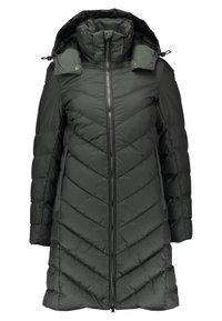 Mörkgrön dunjacka med chevronsöm, hög krage, justerbar huva och frontdragkedja. Gjord av vadderat, mjukt material.