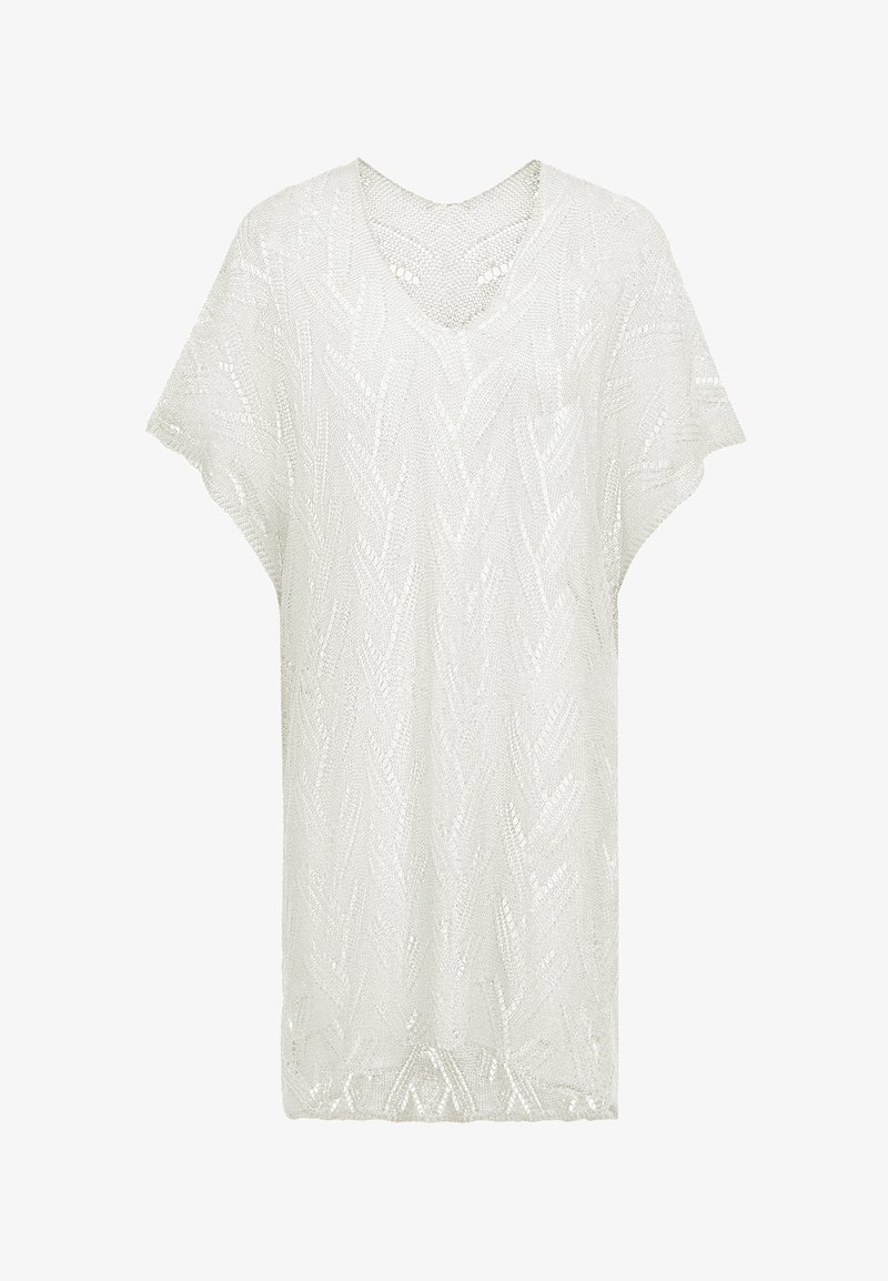 Witte gebreide top met een V-hals, korte mouwen en een gevarieerd chevronpatroon. Lichtgewicht en losvallend ontwerp, geschikt voor het stylen in lagen.
