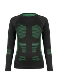 Schwarzes langärmliges Thermooberteil mit grünen gestreiften Akzenten. Es zeichnet sich durch eine enge Passform und strukturierte Designelemente auf Vorderseite und Ärmeln aus.
