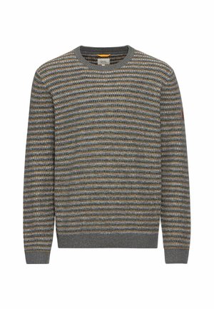 Sweter dziany w odcieniach szarości z poziomym wzorem w paski pomarańczowym i niebieskim. Żebrowany dekolt i mankiety, miękka tekstura.