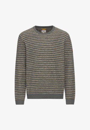Strikket sweater i nuancer af grå med horisontale striber i orange og blå. Ribbet halsudskæring og manchetter, blød tekstur.