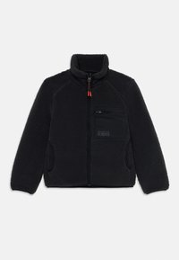 Black fleece jacket with high collar, front zip, and zippered chest pocket. Features contrasting black fabric and orange zipper accents.