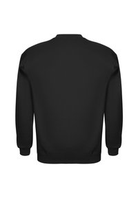 Svart hettegenser laget av mykt materiale, med rund hals, lange ermer og ribbede mansjetter og kant. Ingen synlige logoer eller mønstre.