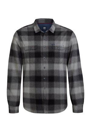 Camicia a maniche lunghe con bottoni, caratterizzata da un motivo a quadri nero e grigio, realizzata in tessuto leggero, con due tasche sul petto e bottoni blu.