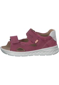 Rosa mockaläder sandaler med justerbara kardborreband, öppen tå, sidoutskärningar och en vit gummisula med strukturerade greppmönster.