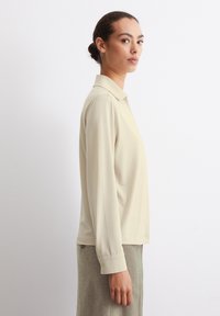 Hellbeige Langarm-Polohemd mit Kragen. Glatte Stoffqualität, lockere Passform, knöpfbare Manschetten und gerader Saum. Keine sichtbaren Muster oder Akzente.