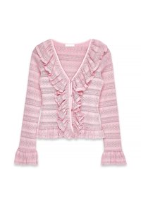 Ljusrosa långärmad cardigan med djup V-ringning, volang framtill och framträdande volanger vid ärmarna. Har en strukturerad spetsmönster.