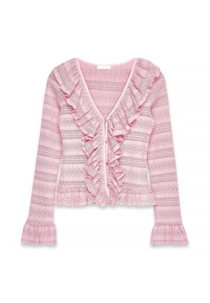 Cardigan long à manches longues, rose pâle, avec un décolleté en V profond, un devant volanté et des fronces accentuées aux manches. Présente un motif en dentelle texturée.